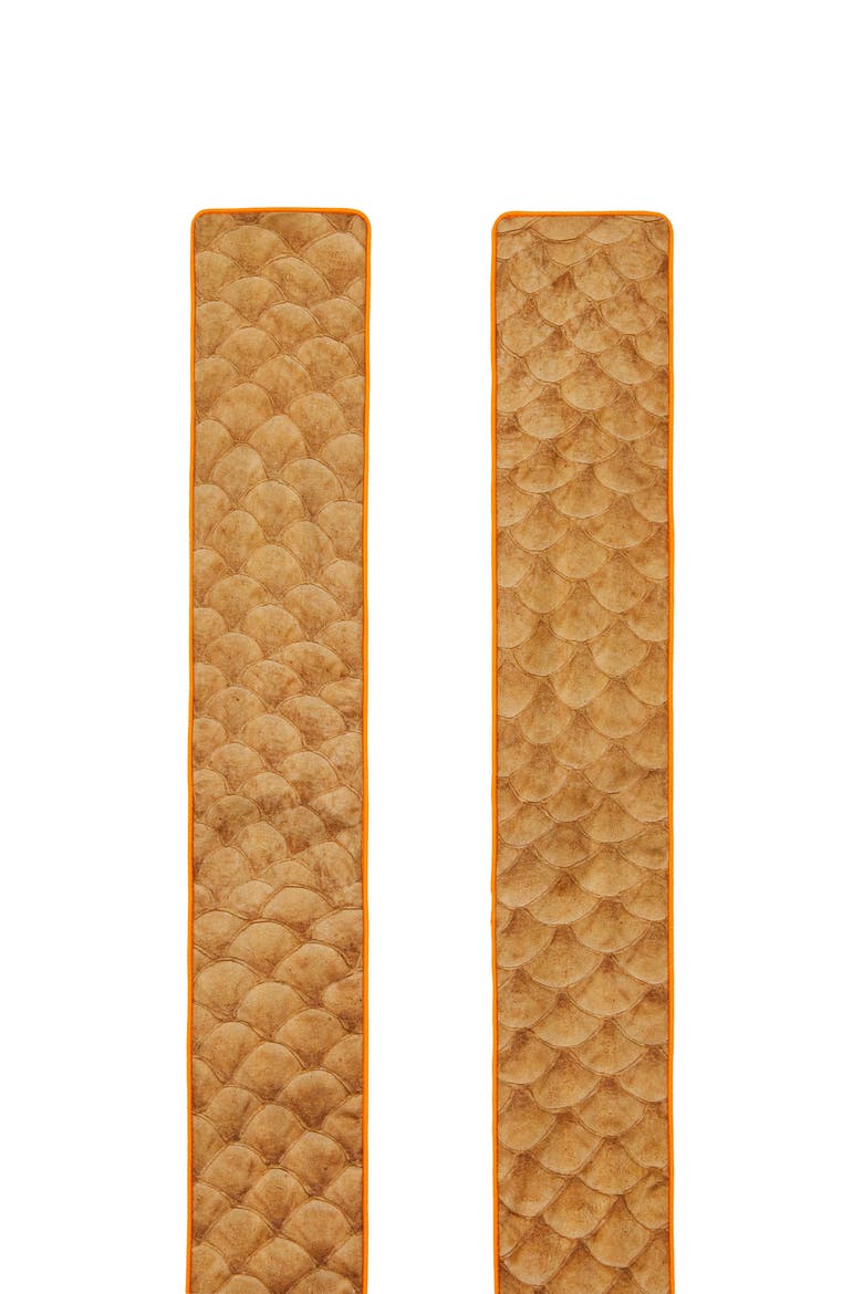 Icon Stripe & Fish Scale Print Skinny Silk Scarf, Alternate, color, SOFT CAMEL