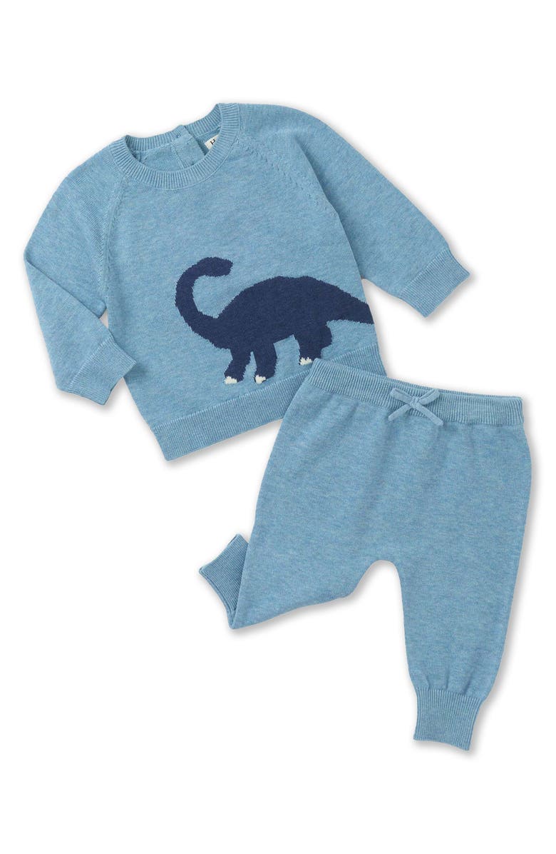 Hatley Dinosaur Cotton Crewneck Sweater & Sweater Knit Joggers Set, Main, color, Turquoise