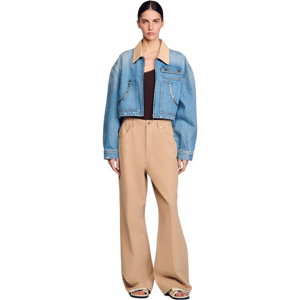 Shop Sandro Denim Jacket With Studs In Blue Jean