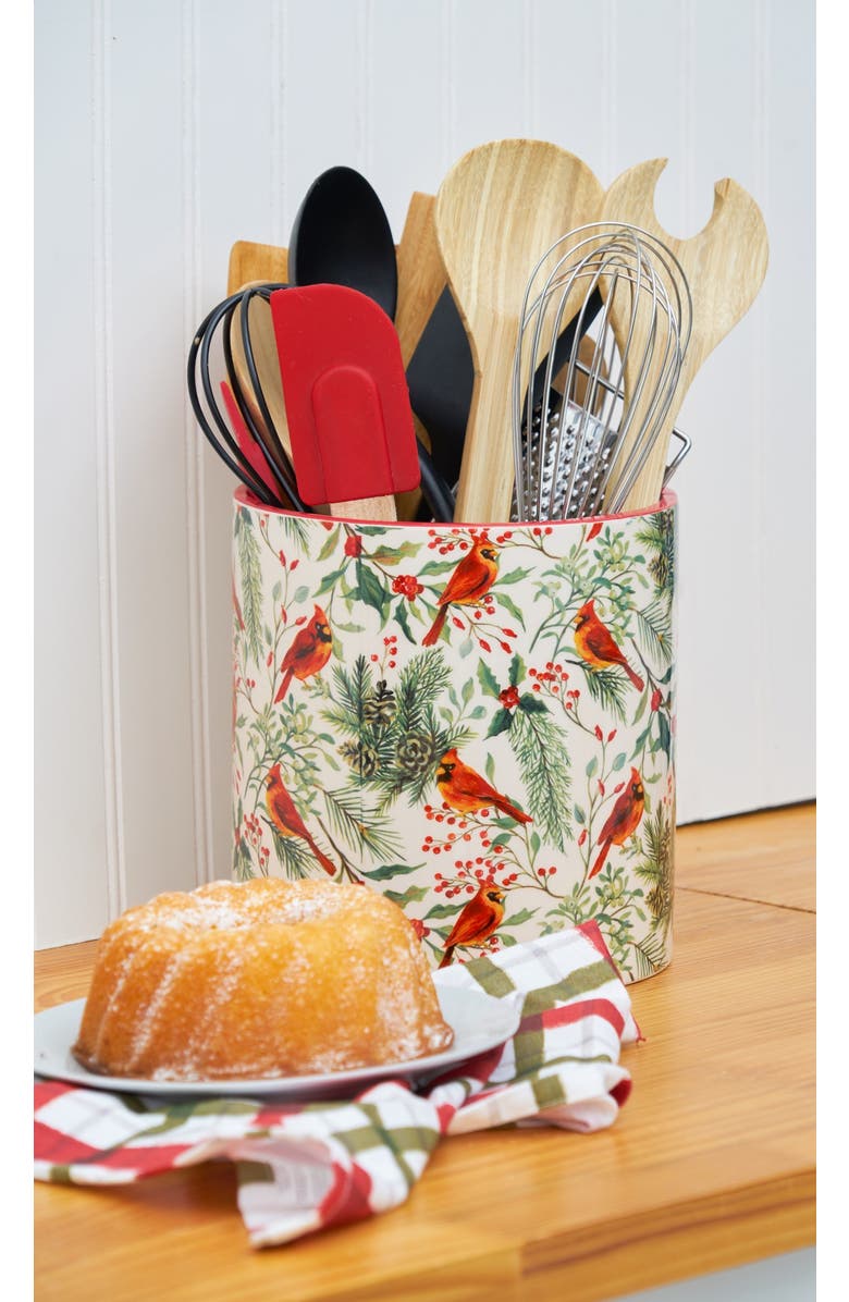 C&F Home Christmas Red Cardinal & Greenery Dolomite Kitchen Utensil Crock Holder Caddy 7", Alternate, color, White