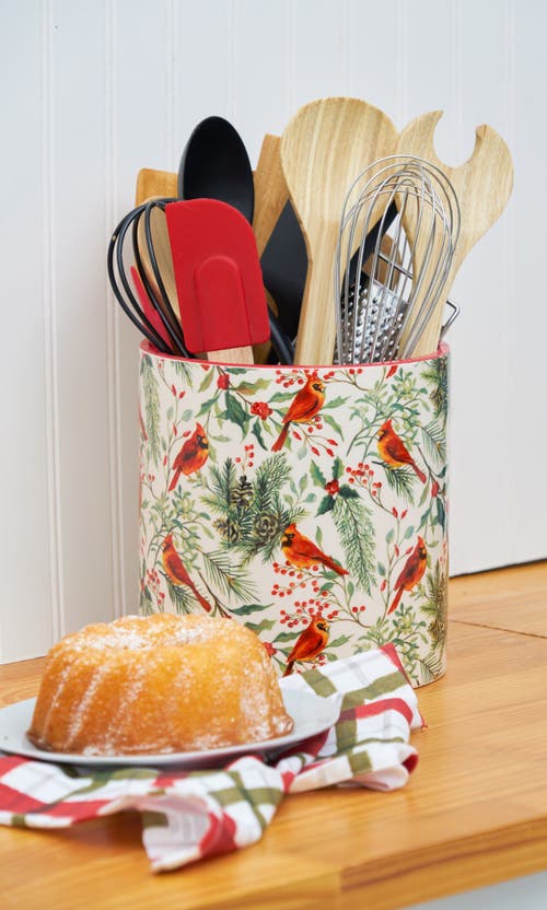 C & F Home C&f Home Christmas Red Cardinal & Greenery Dolomite Kitchen Utensil Crock Holder Caddy 7" In Multi