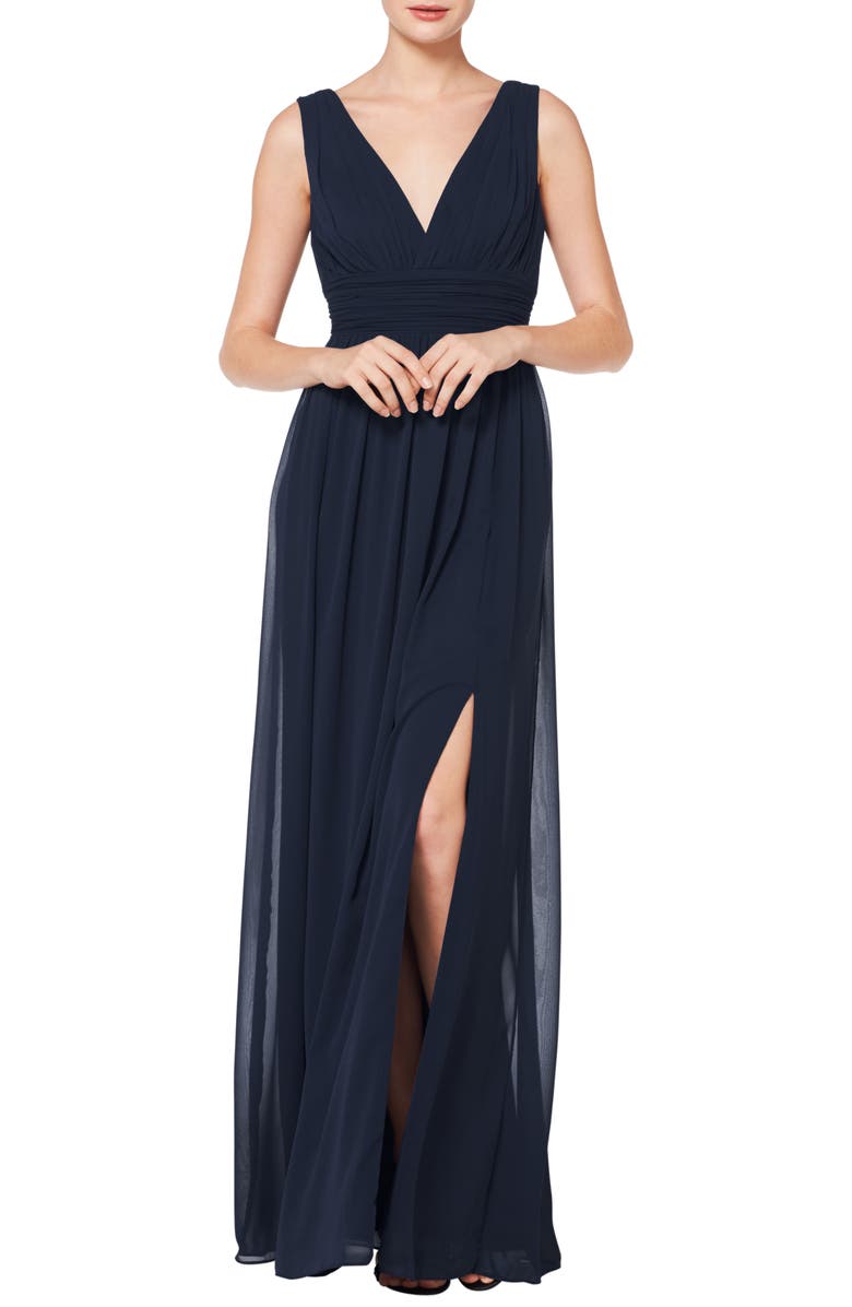 #Levkoff V-Neck Pleat Chiffon A-Line Gown, Main, color, 