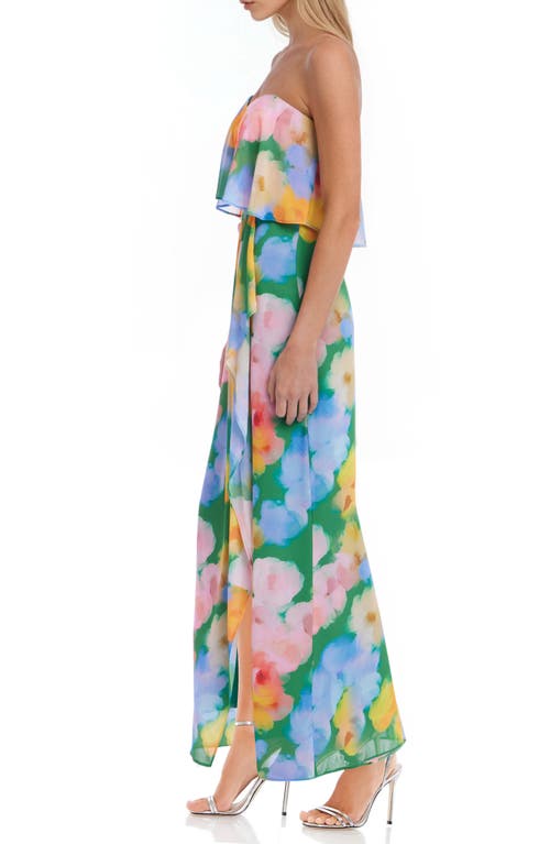 Jewel Badgley Mischka Floral Pleated Strapless Gown In Green