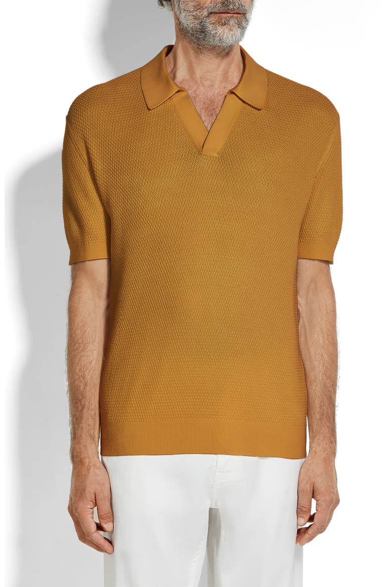 Premium Waffle Knit Cotton Polo Sweater, Main, color, DARK YELLOW SOLID