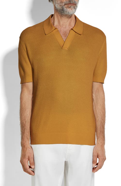 Shop Zegna Premium Waffle Knit Cotton Polo Sweater In Dark Yellow Solid