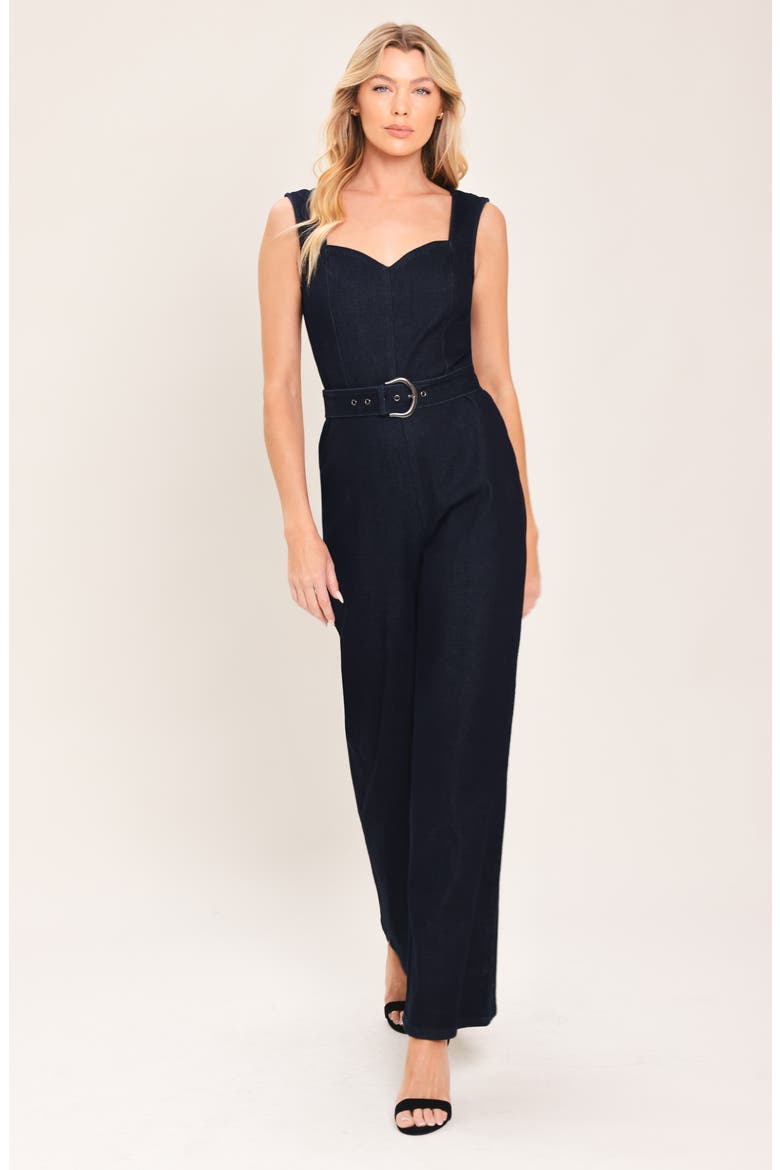 Sweetheart Neck Belted Denim Jumpsuit, Alternate, color, DARK INDIGO