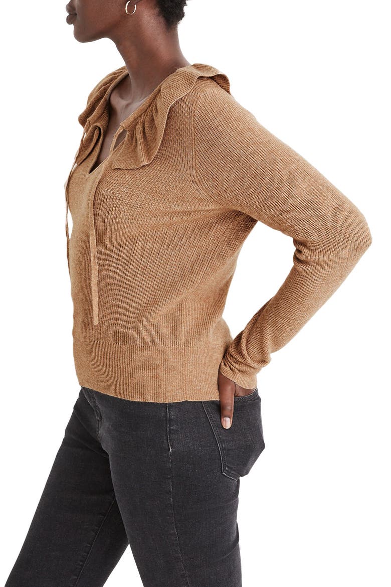 Tie Neck Ruffle Pullover Sweater, Alternate, color, HEATHER SANDALWOOD