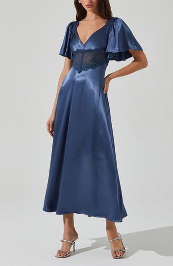 Astr Women's Aurelia Flutter Sleeve Lace Inset Dress In Slate Blue