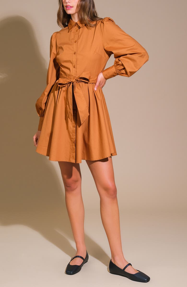 FLYING TOMATO Solid Mini Shirtdress, Alternate, color, Caramel