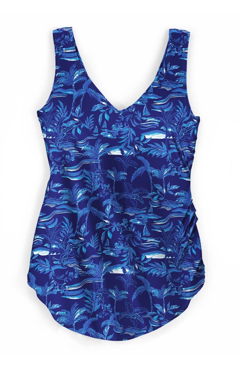 Swim 365 Sarong V-Neck Tummy Control One-Piece Swimsuit, Alternate, color, Blue Beach Toile