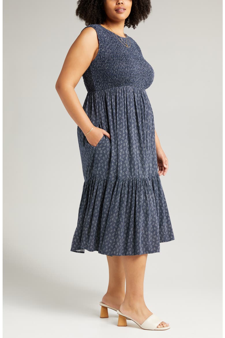 Smocked Sleeveless Midi Dress, Alternate, color, NAVY BLAZER PARIS DOT