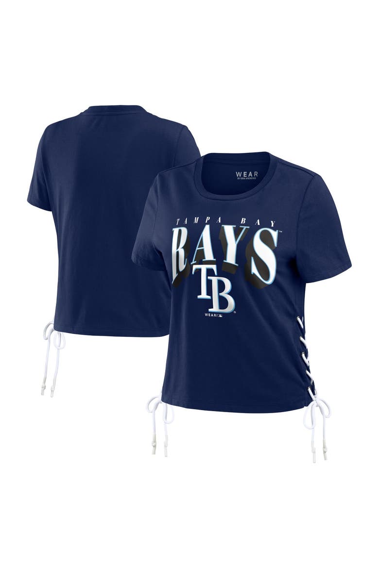 Women's WEAR by Erin Andrews Navy Tampa Bay Rays Side Lace-Up Cropped T-Shirt, Main, color, Navy