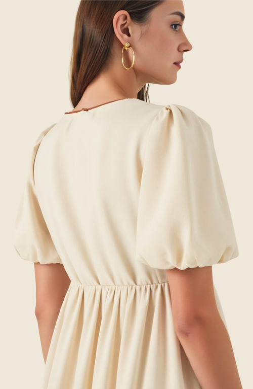Modenaire Midi Puff Sleeve Dress With Contrast Ties And Hemline Trim In White