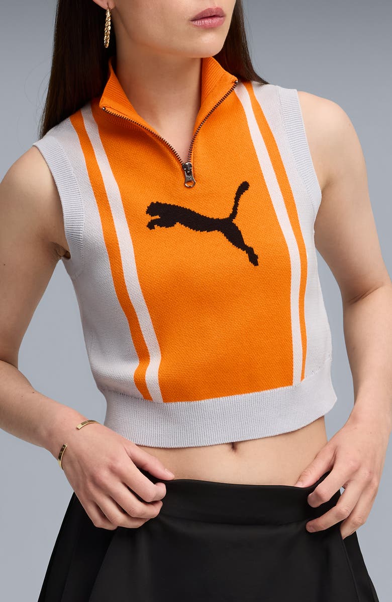 PUMA Future Archive Jacquard Sleeveless Half Zip Knit Crop Top, Main, color, Silver Mist/ Orange Glow