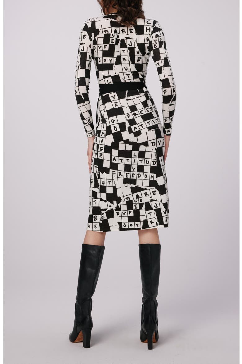Luella Crossword Print Long Sleeve Merino Wool Wrap Dress, Alternate, color, DVF 50TH CROSS WORD IVORY MED