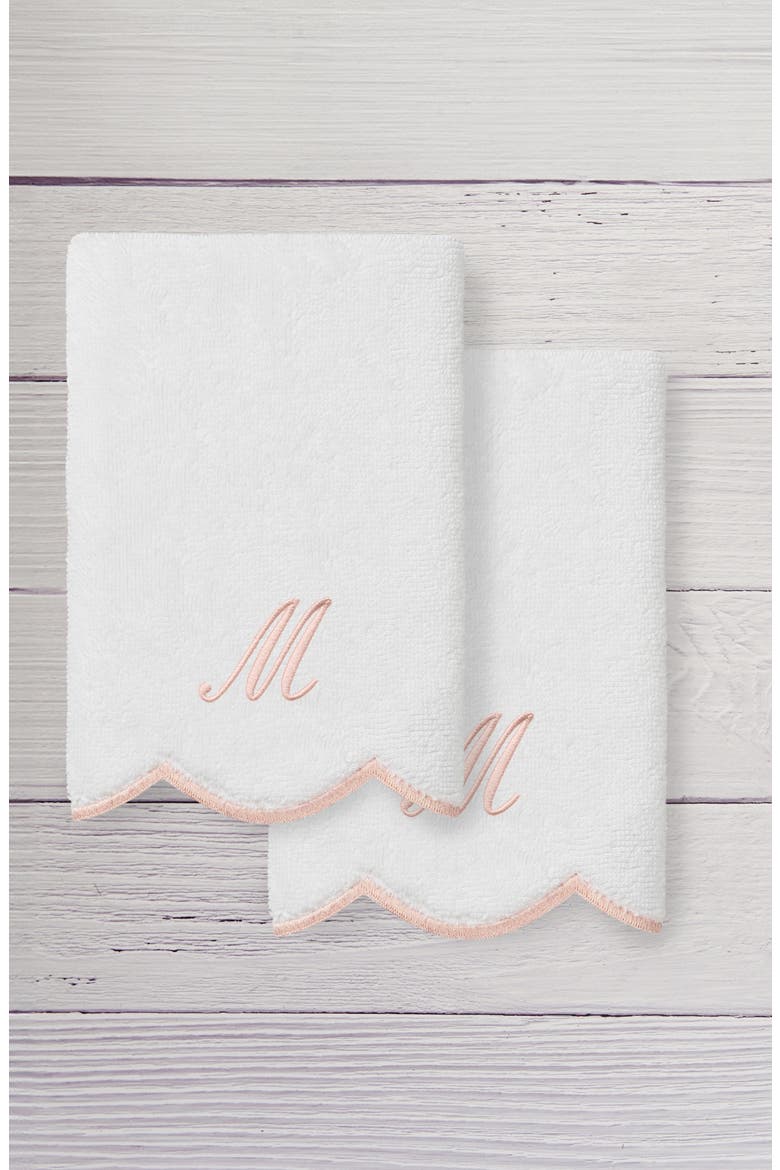 Scallop Set of 2 Monogram Fingertip Towels, Alternate, color, WHITE/ PINK M