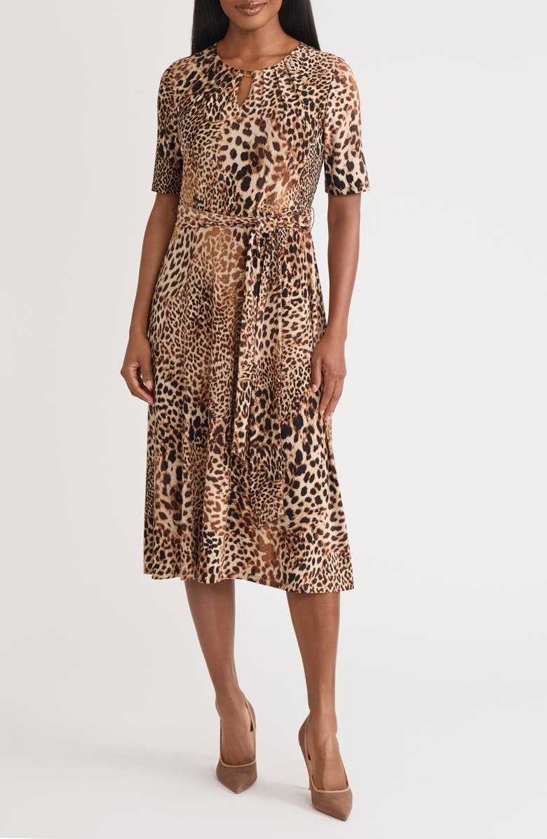KASPER Mixed Leopard Print Midi Dress, Main, color, Rich Chocolate Multi