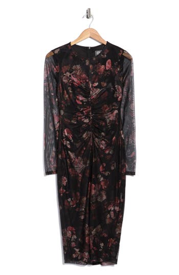 Vince Camuto Ruched Long Sleeve Mesh Body-con Dress