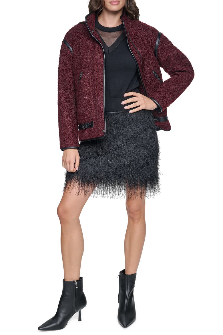 Boucle Jacket with Faux Leather Trim, Alternate, color, CABERNET