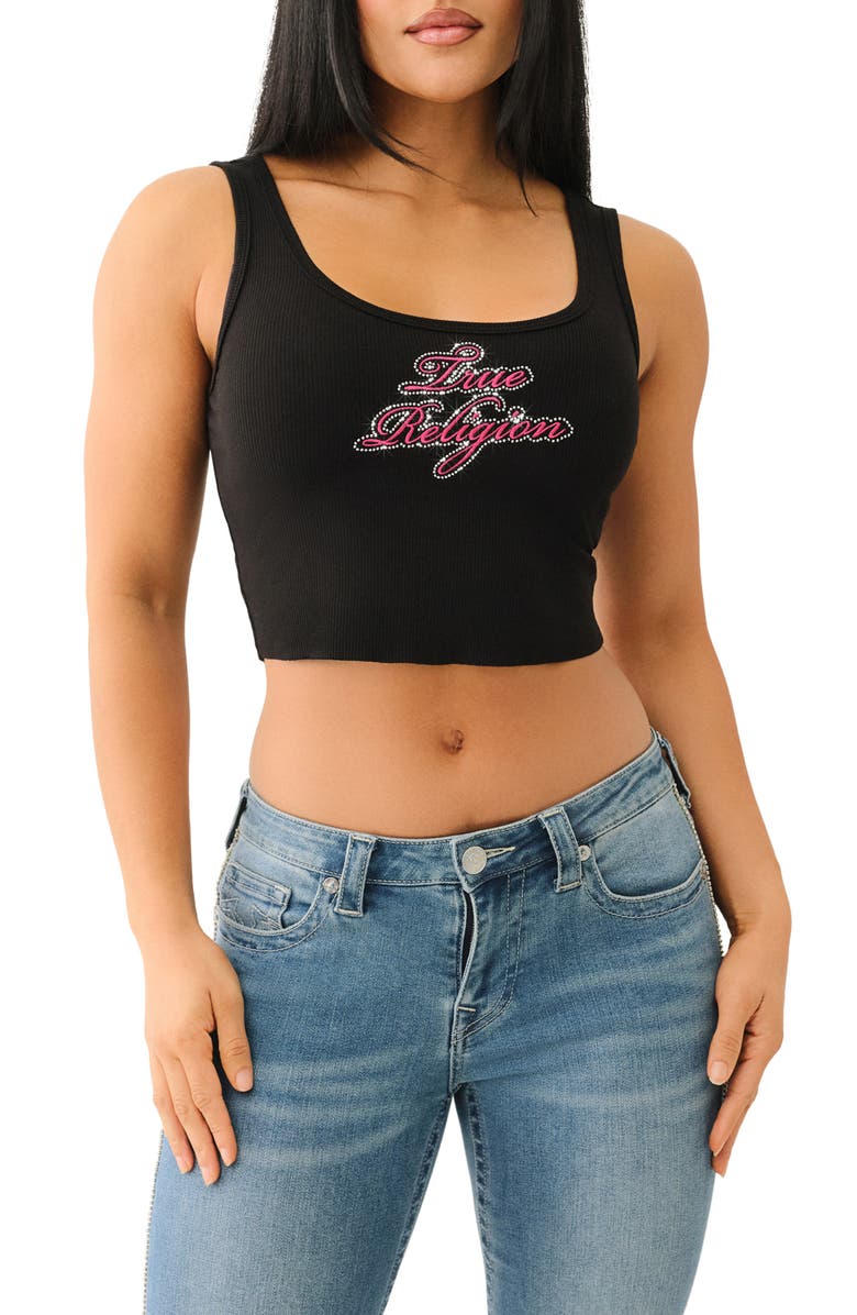 True Religion Crystal Logo Raw Hem Crop Tank, Main, color,
