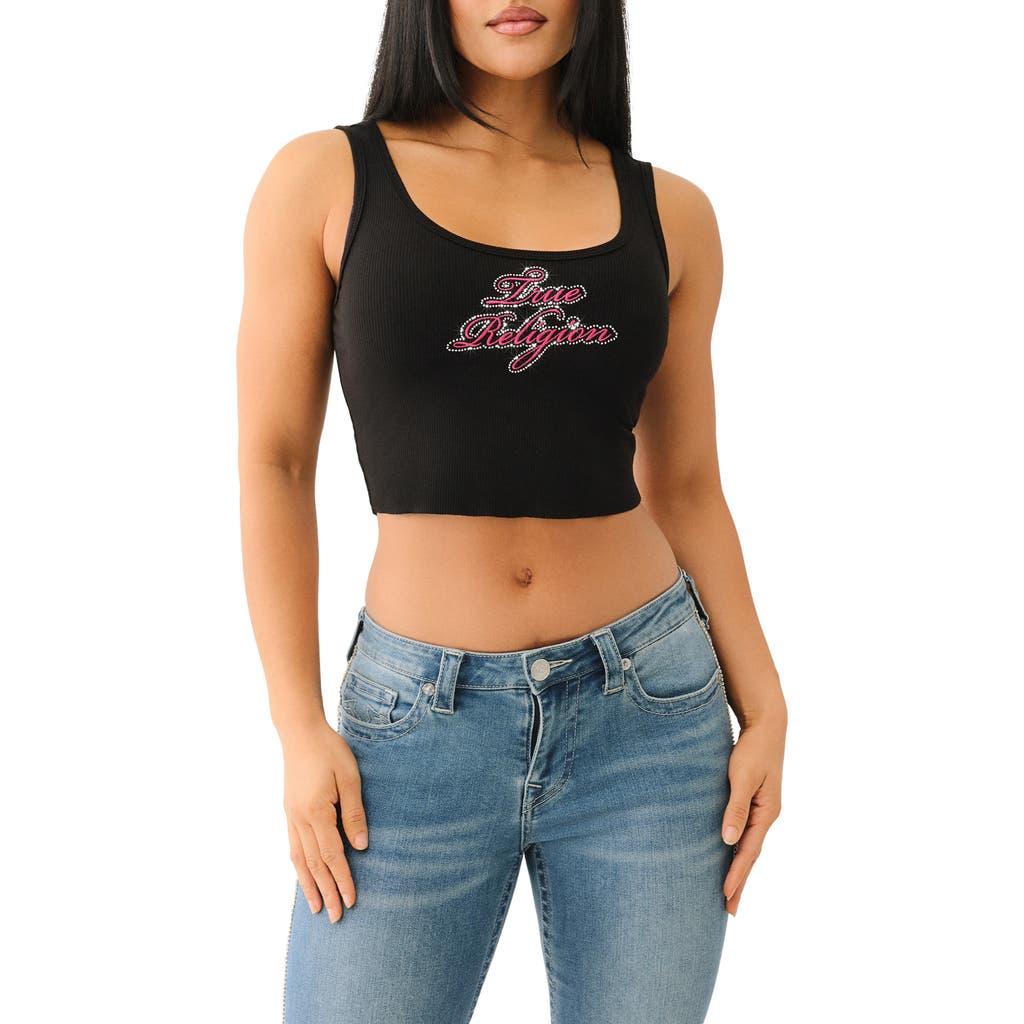 TRUE RELIGION TRUE RELIGION CRYSTAL LOGO RAW HEM CROP TANK