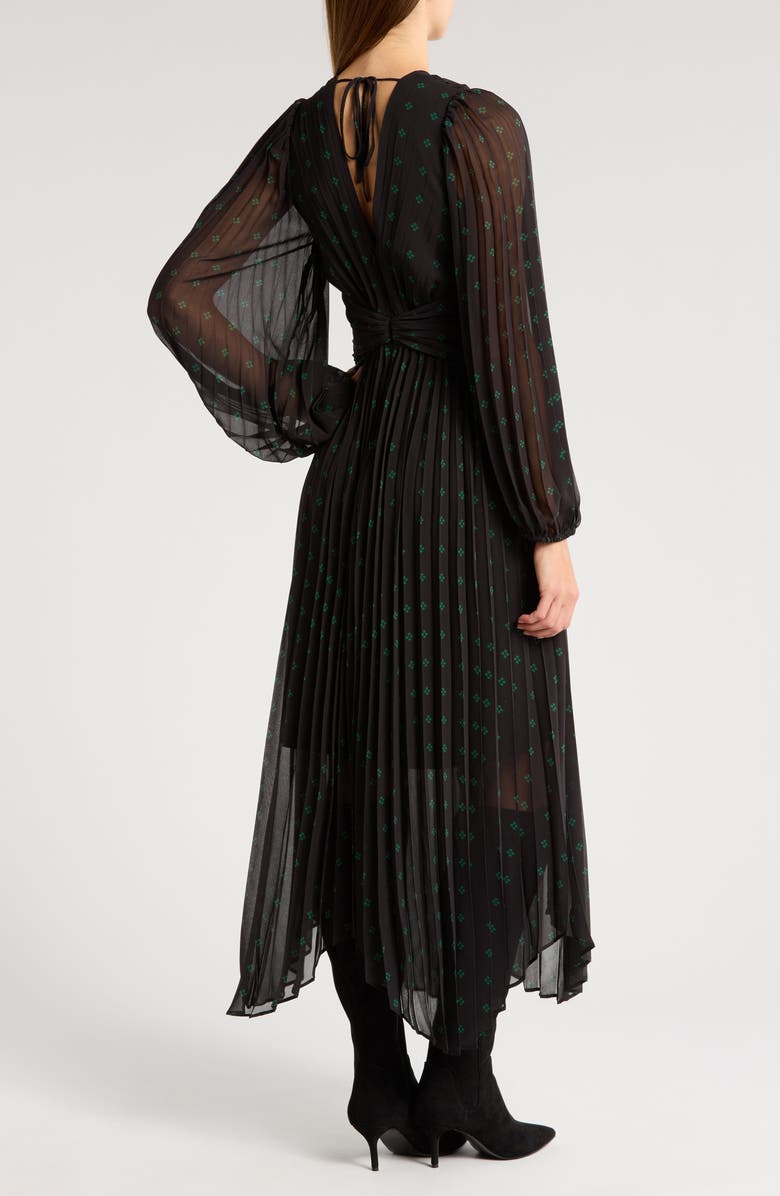 Chelsea28 Pleated Long Sleeve Chiffon Dress, Alternate, color, Black- Green Medi Dot