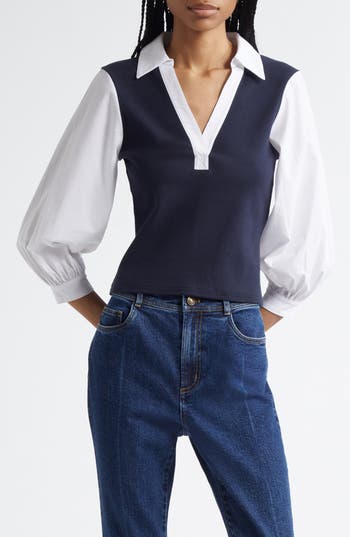 Cinq À Sept Colleen Mixed Media Collar Top In Blue