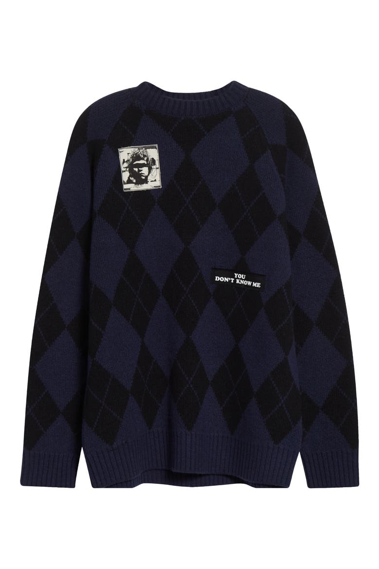 Embroidered Patch Argyle Plaid Wool Blend Sweater, Alternate, color, NAVY BASE