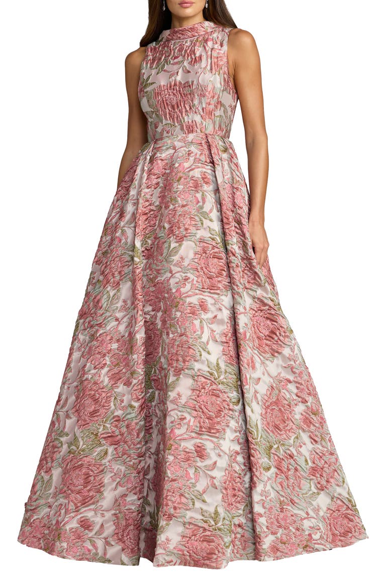 Floral Brocade Sleeveless Ball Gown with V-Back, Main, color, Rose Multi