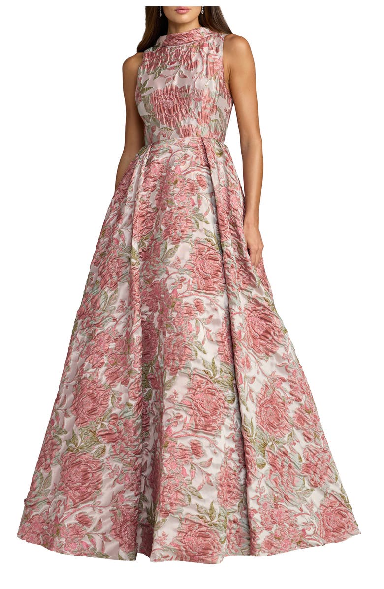 Mac Duggal Floral Brocade Sleeveless Ball Gown with V-Back, Main, color, Rose Multi