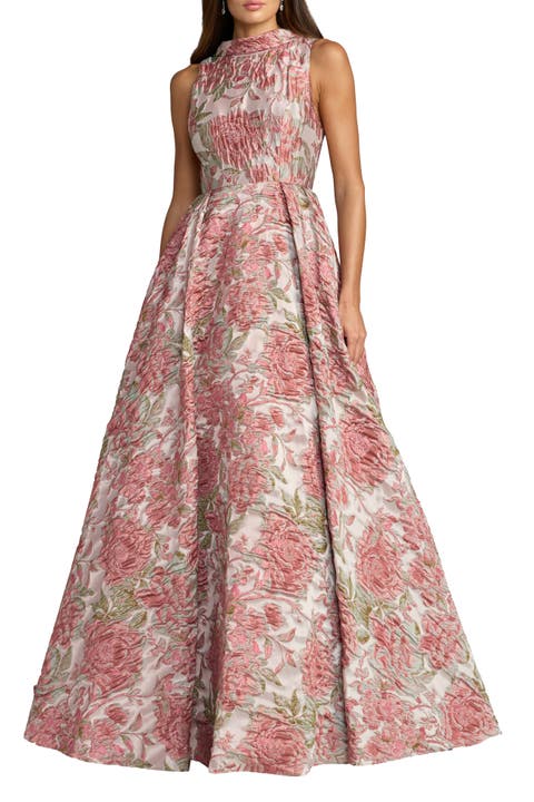 Floral Brocade Sleeveless Ball Gown with V-Back