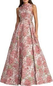 Mac Duggal Floral Brocade Sleeveless Ball Gown with V-Back