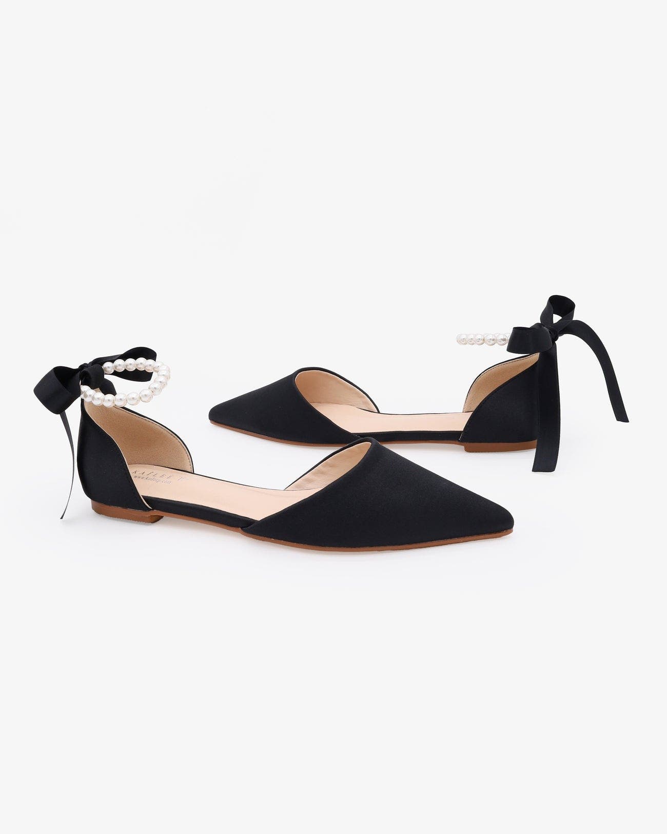 Kailee P Bella Satin Pointy Toe Flats with All Pearls Ankle Strap, Alternate, color, 