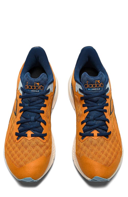 Diadora Mythos Blushield Volo 3 Running Shoe In Bright Marigold/blue Opal
