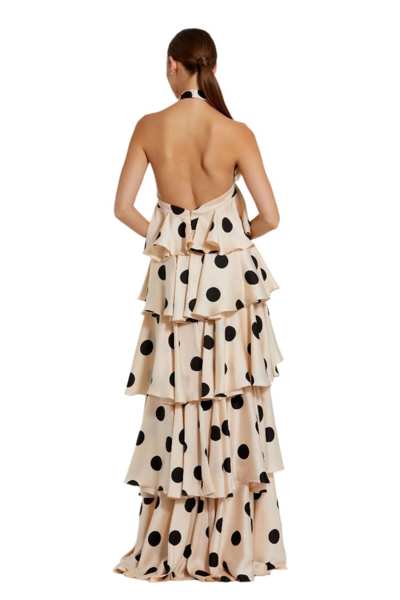 Polka Dot Charmeuse Halter Tiered Ruffle Gown, Alternate, color, Cream Black