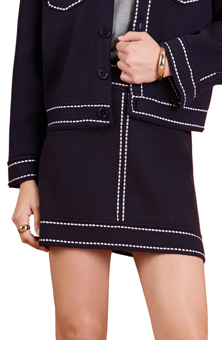 English Factory Denim Look Knit Miniskirt, Alternate, color, Navy/ White