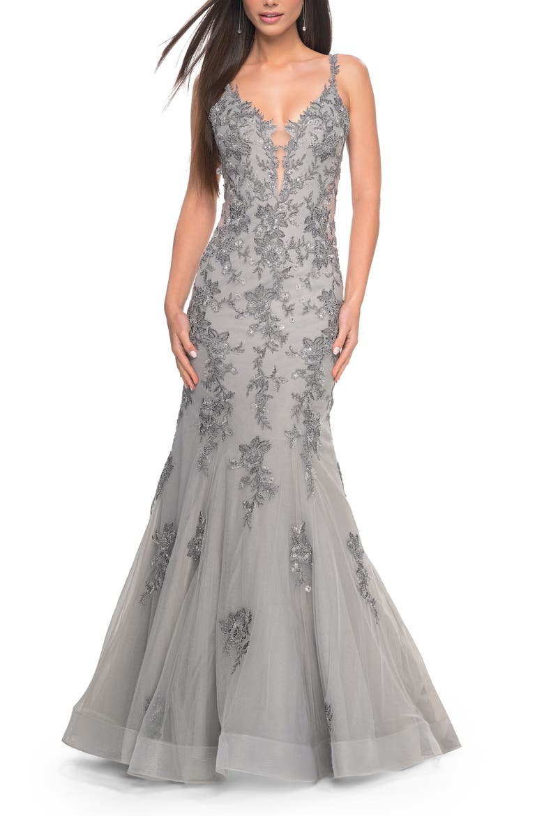 Mermaid Prom Gown with Illusion Sides and Lace Applique, Alternate, color, Silver