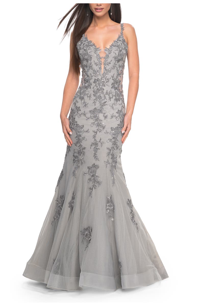 La Femme Mermaid Prom Gown with Illusion Sides and Lace Applique, Alternate, color, Silver