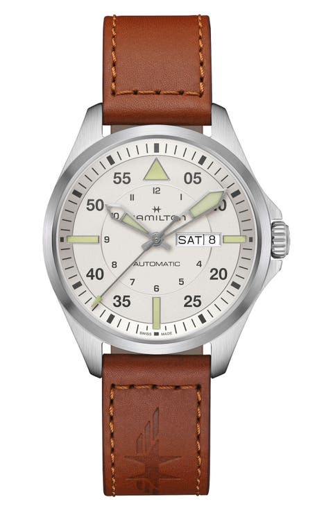 Khaki Aviation Pilot Automatic Leather Strap Watch, 20mm
