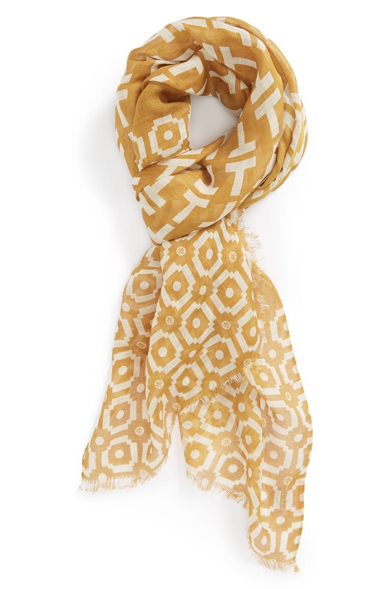 'Fret Tile' Linen Blend Scarf, Alternate, color, OAT