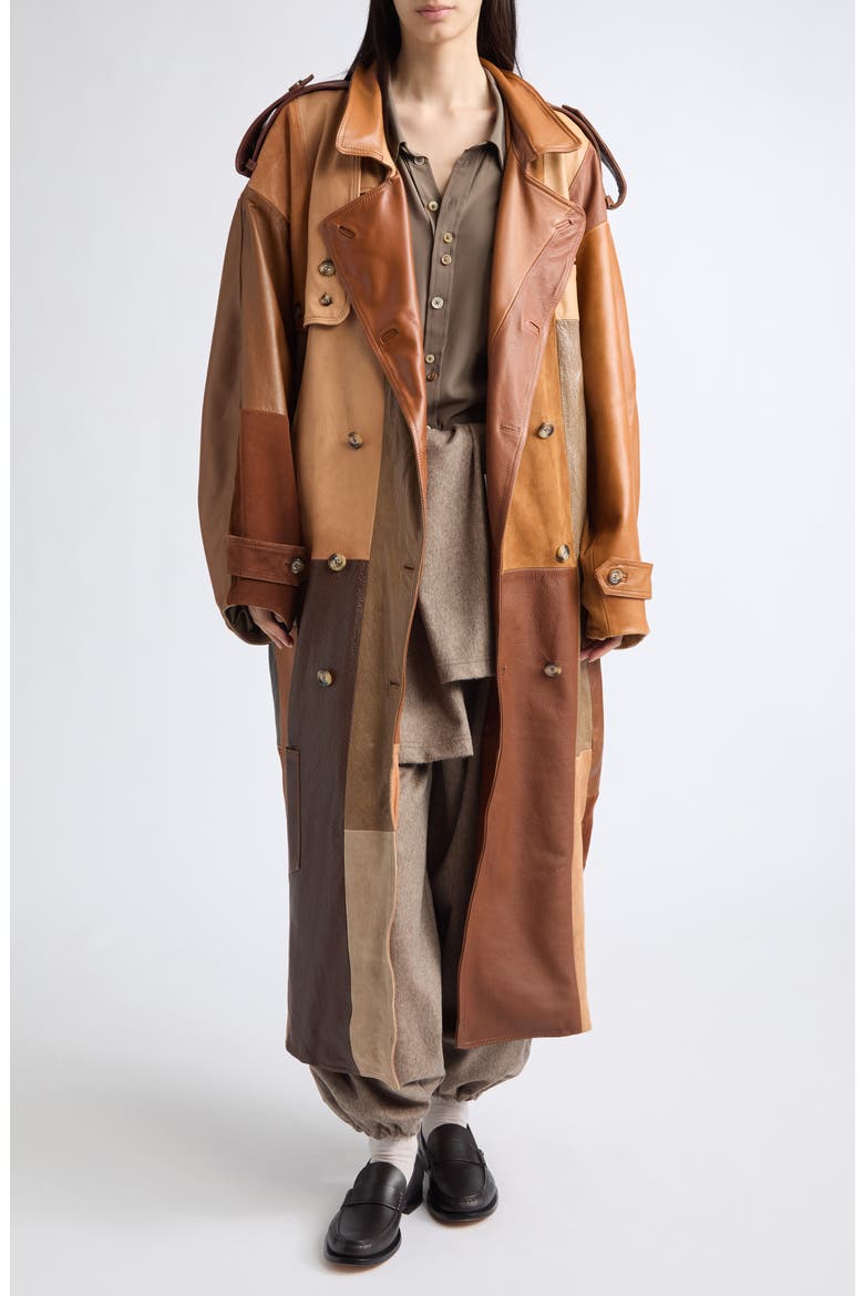 Patchwork Leather Trench Coat, Alternate, color, AMBER LEATHER PATCHWORK