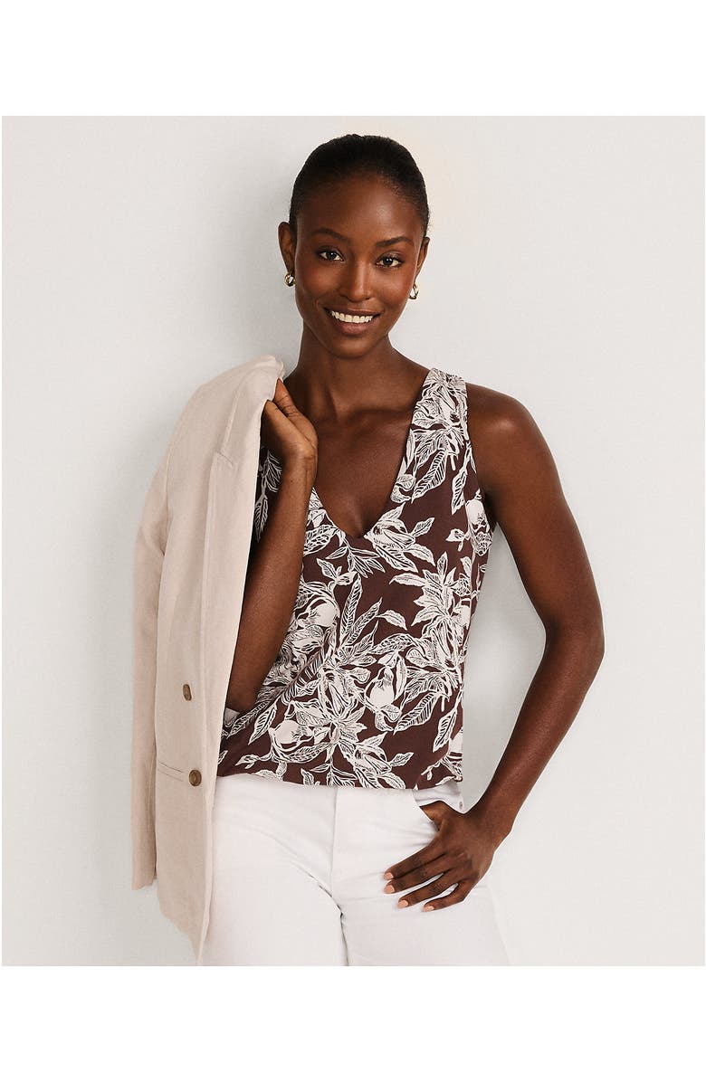 Lands' End Lightweight Jersey Blouson Vneck Tank, Alternate, color, Bark/Vanilla Etched Leaves