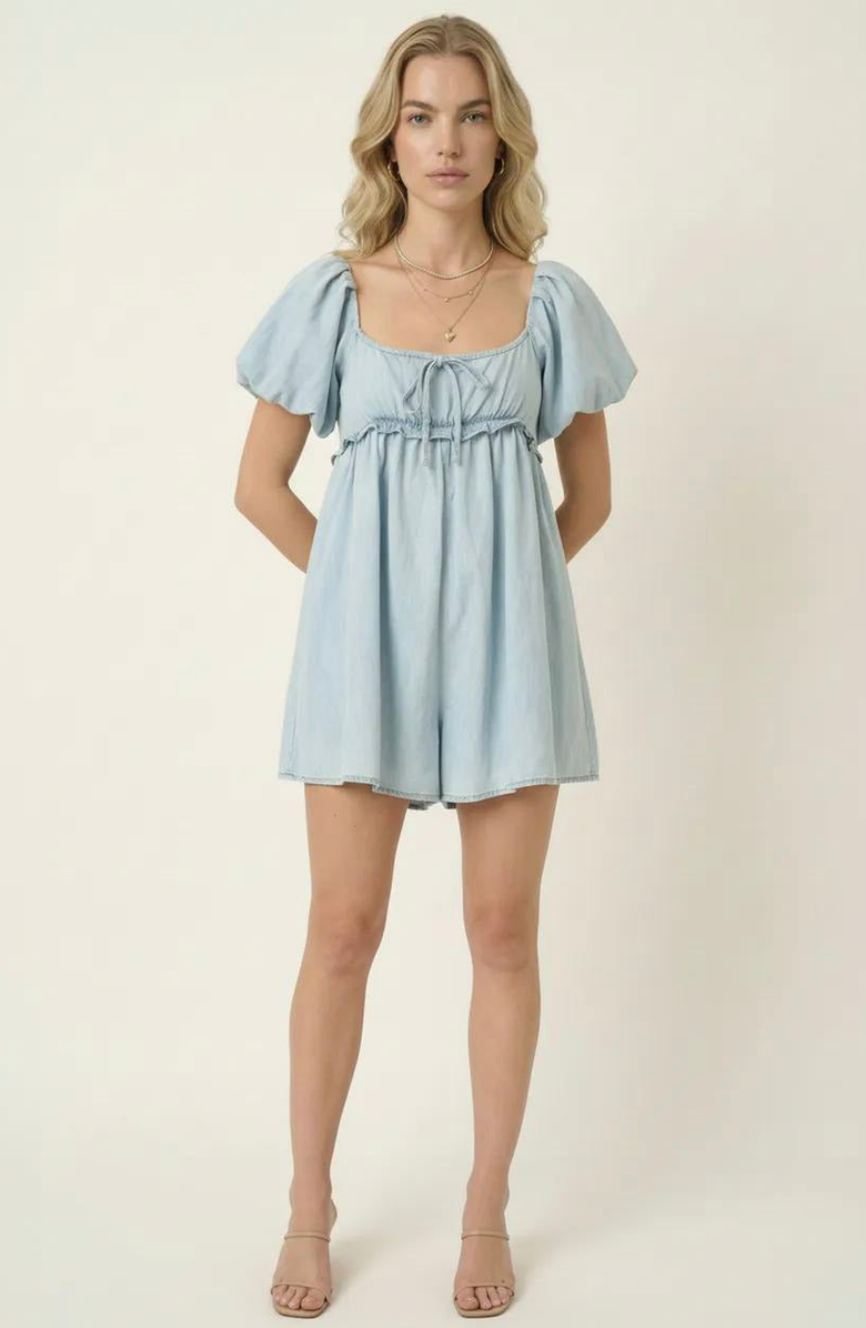 Modenaire Puff Sleeve Romper with Tie Front and Relaxed Flowy Fit, Alternate, color, Light Blue