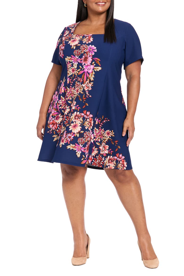 Floral Short Sleeve Fit & Flare Dress, Main, color, NAVY/ FUCHSIA