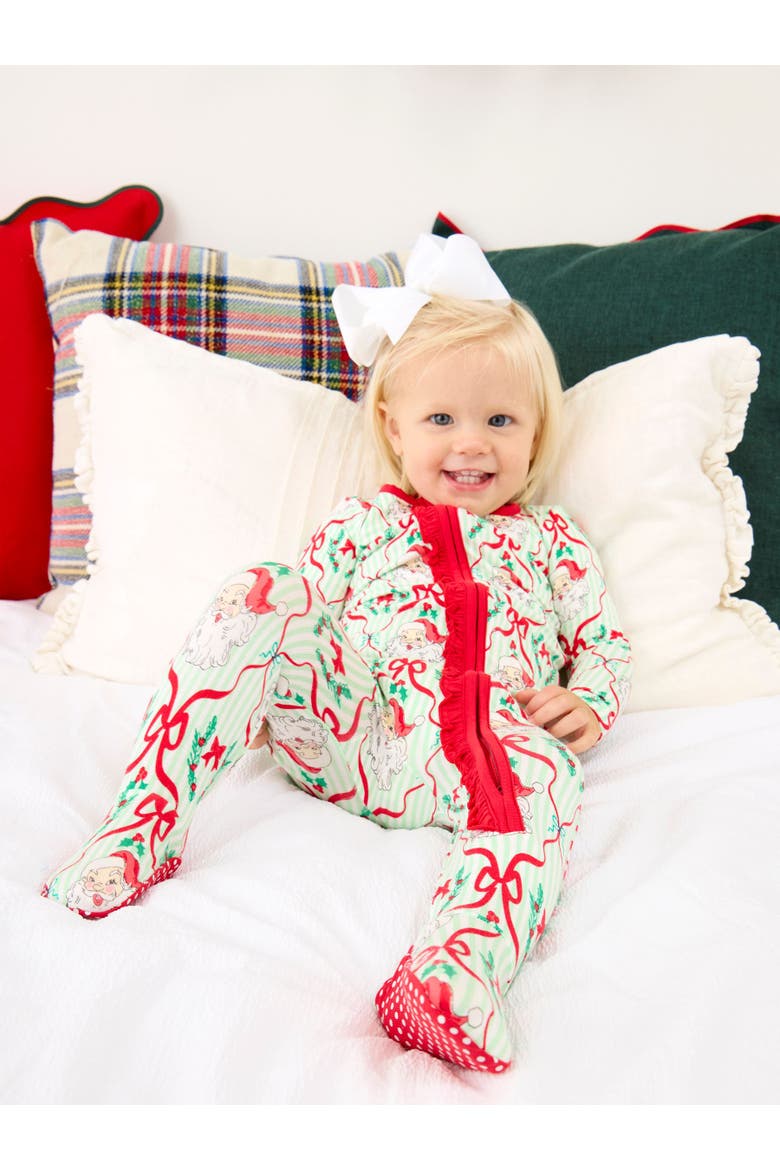 SoftSnooze Girls Holiday Ruffle One Piece Footie Pajamas, Alternate, color, Green Stripe Dear Santa