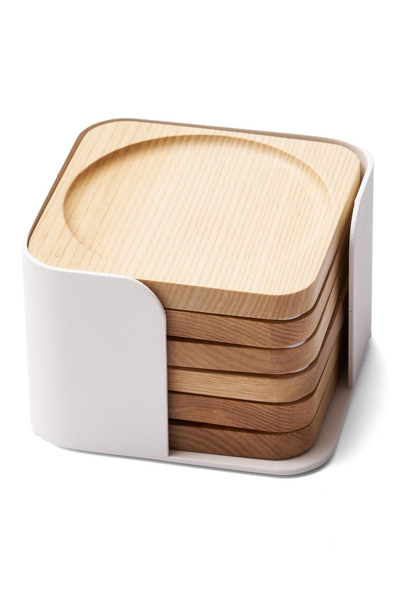 Contour Set of 6 Wood Coasters, Main, color, WHITE