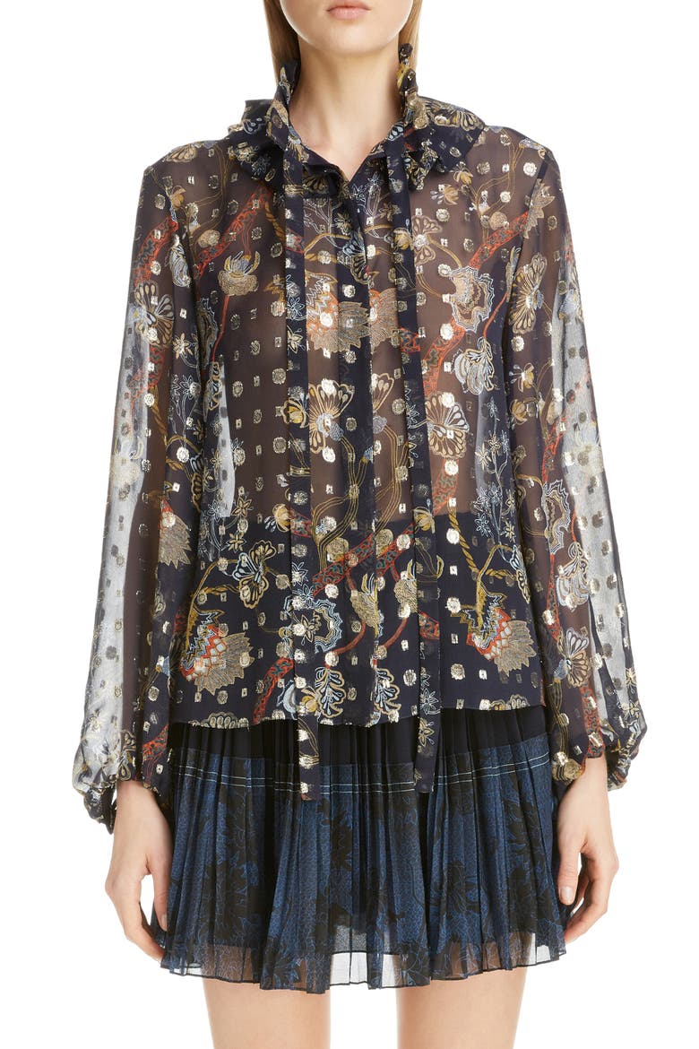 Floral Tie Neck Bishop Sleeve Silk Chiffon Blouse, Main, color, MULTICOLOR BLUE 1