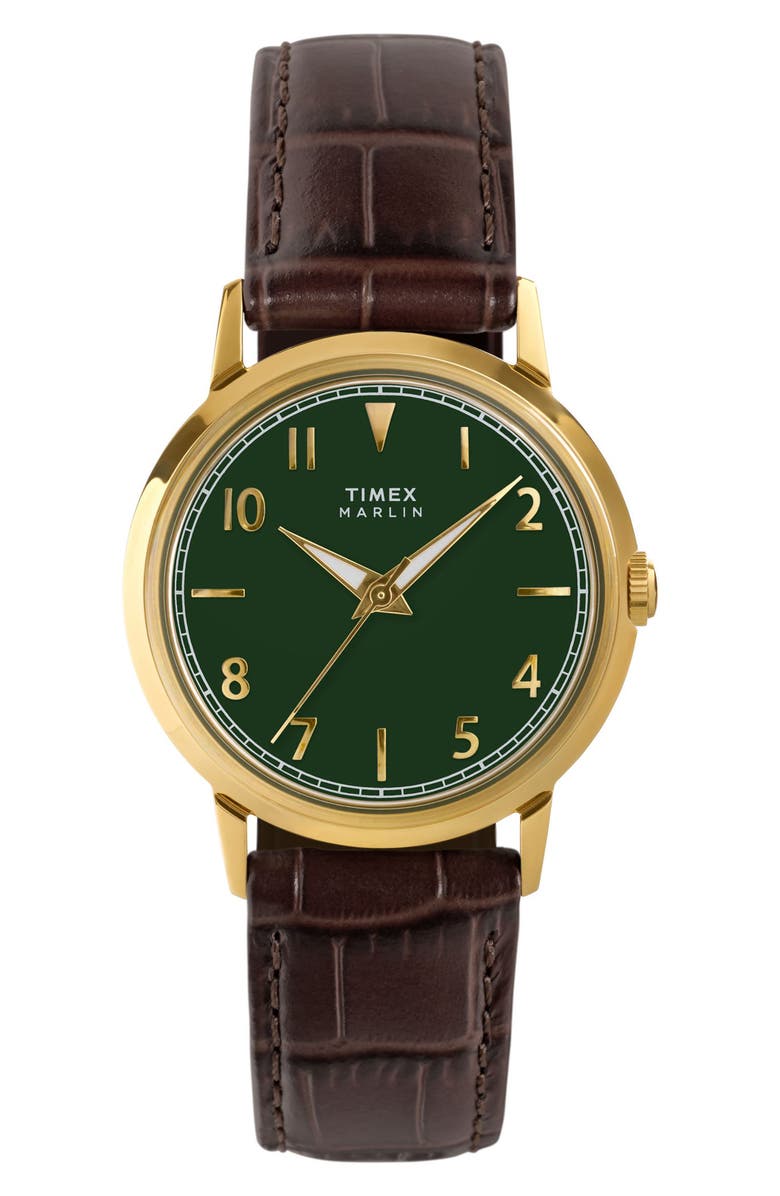 Timex<sup>®</sup> Marlin<sup>®</sup> Goldtone Croc Embossed Leather Strap Watch, 34mm, Main, color,
