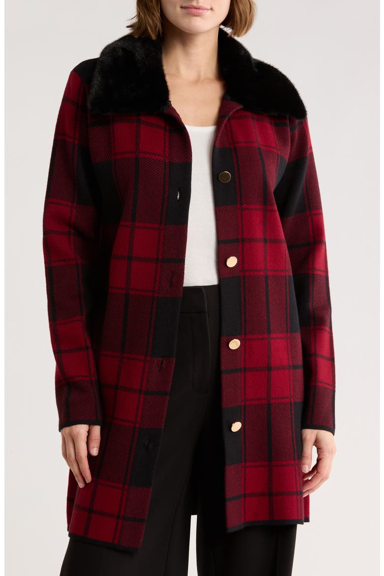 Vancouver Faux Fur Trim Cardigan, Main, color, ROSE DAHLIA/ BLACK