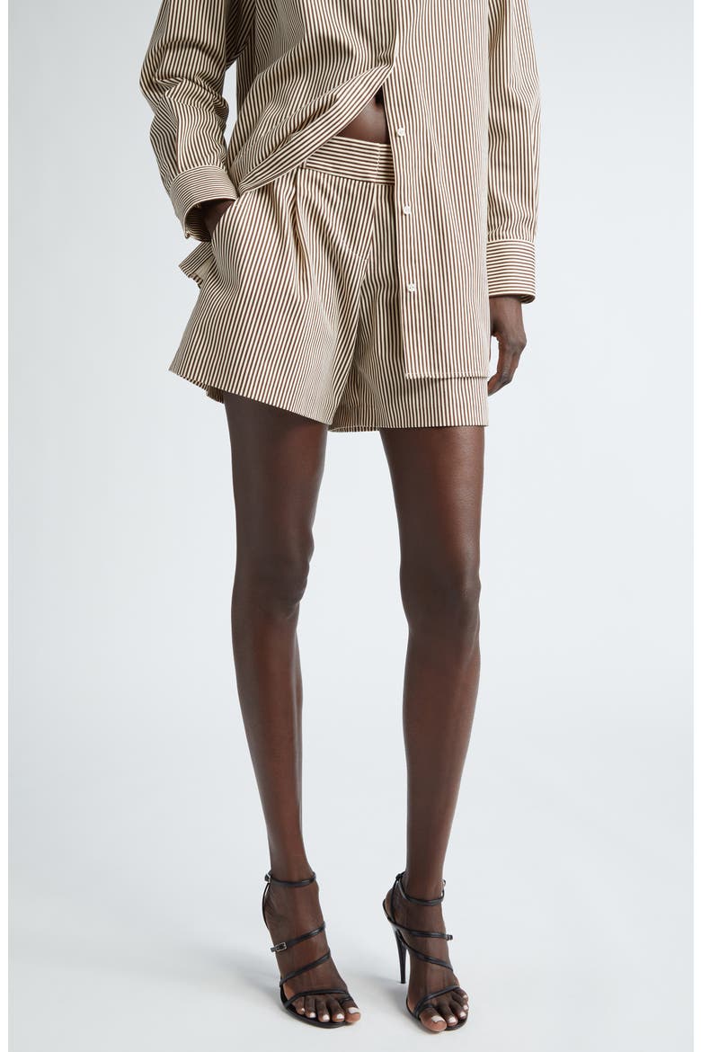 The Essie Pleated Stripe Cotton Shorts, Main, color, CHOCOLATE STRIPE